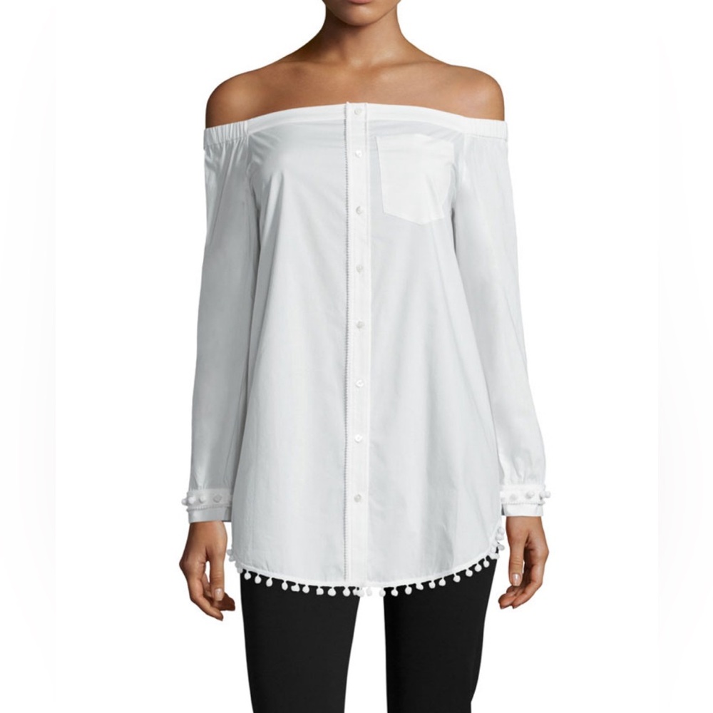 Derek Lam 10 Crosby Long-Sleeve Poplin Off-the-Shoulder Shirtdress, Soft White